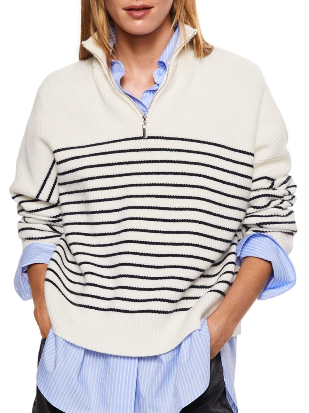 Like New Mango Women's Nautical Striped Zipper Sweater- Size Large